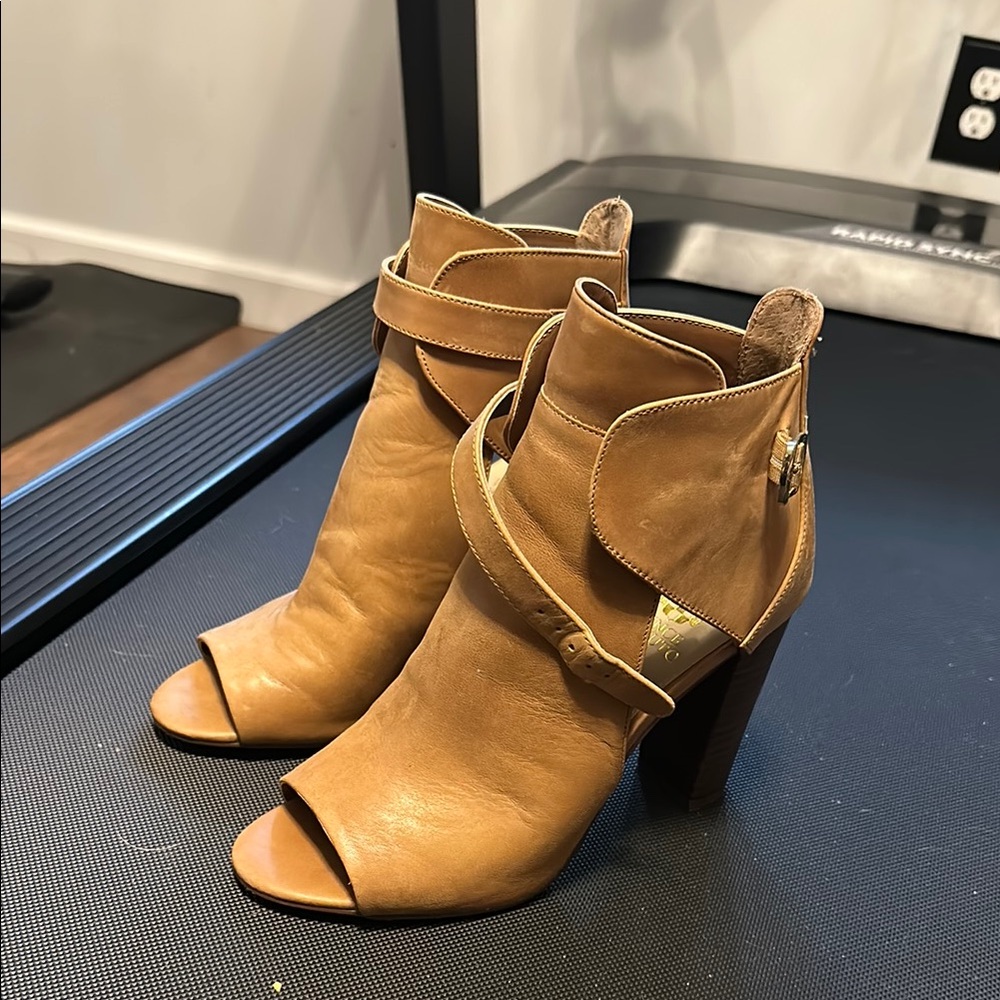 Vince Camuto Tan Heeled Boots with Peep-Toe Design